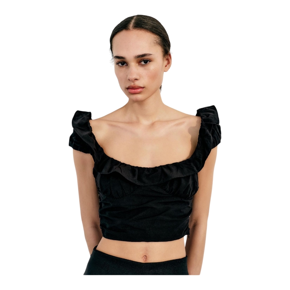 Zara NWT Black Ruffle Crop Top